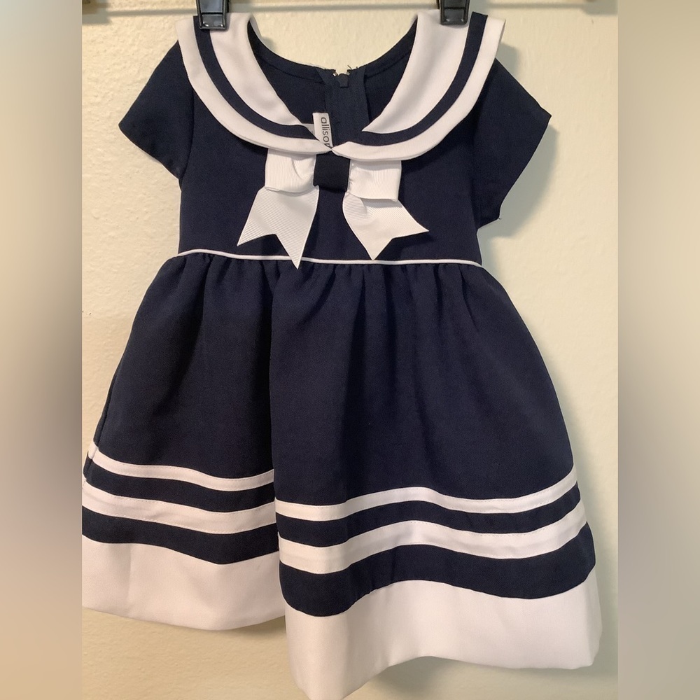 Allison Ann vintage toddler girls 12 month navy/white nautical sailor dress